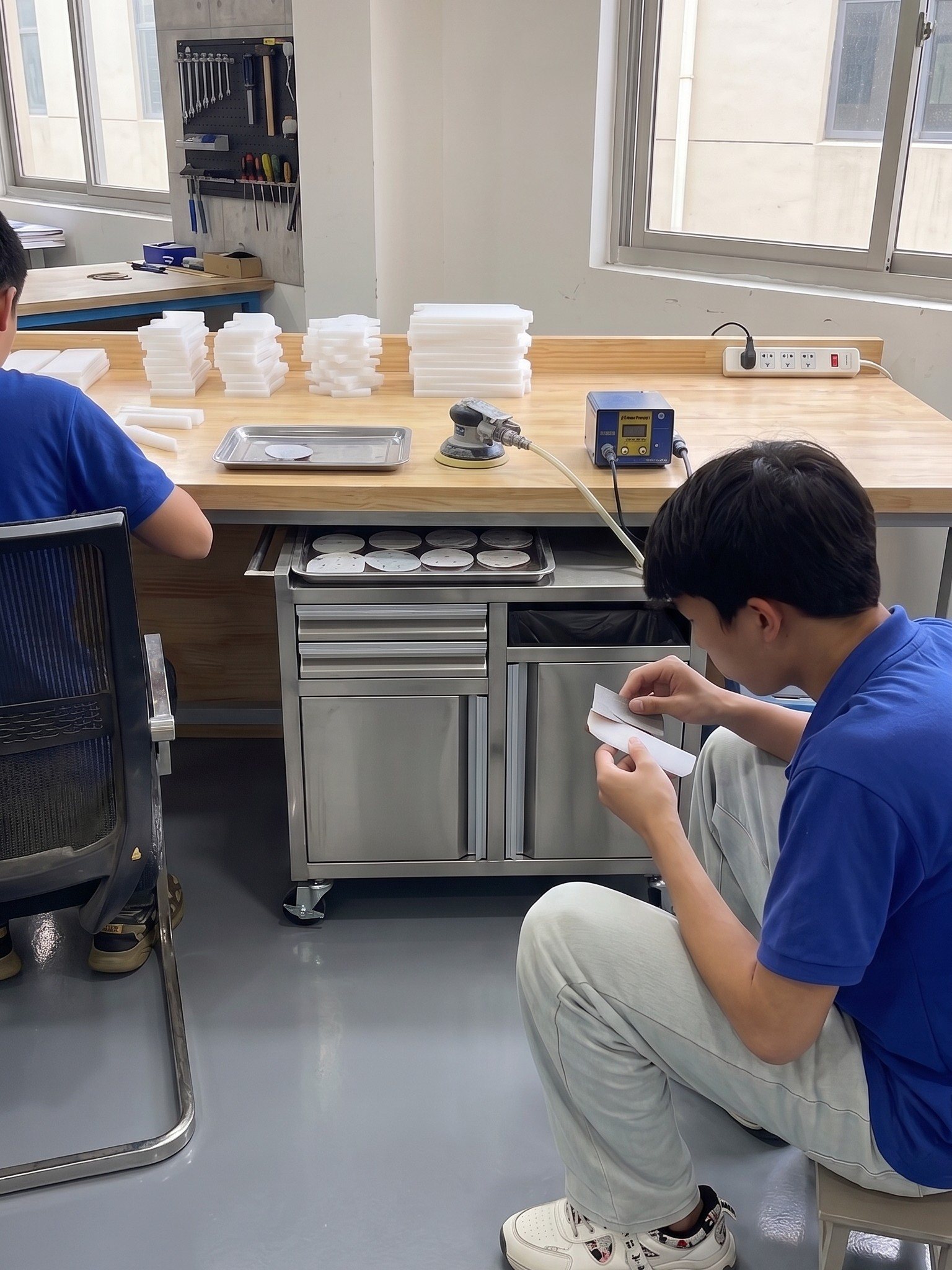 LEDチャンネル文字のアクリルパーツを研磨仕上げする作業台のイメージ