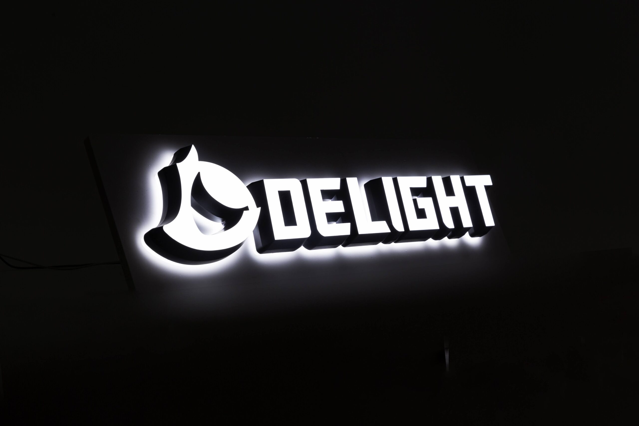 暗闇で光るLEDチャンネル文字看板 正面発光と背面発光の白い光（DELIGHTロゴ）