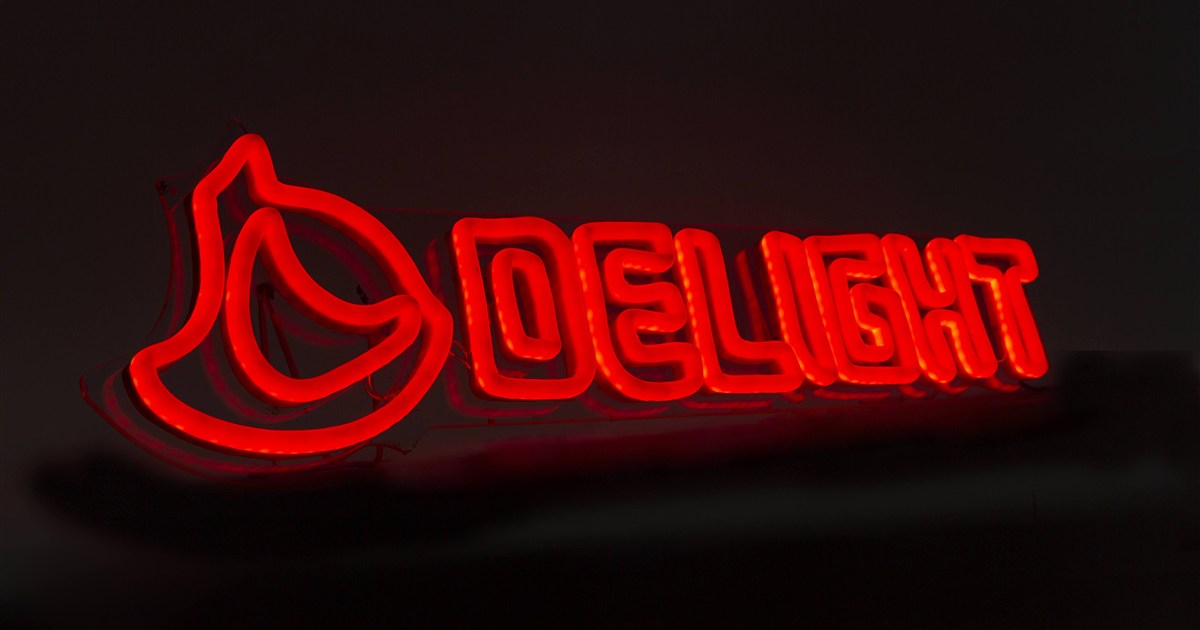 LEDネオンサインの価格ガイド 赤いネオンチューブのDELIGHTロゴ