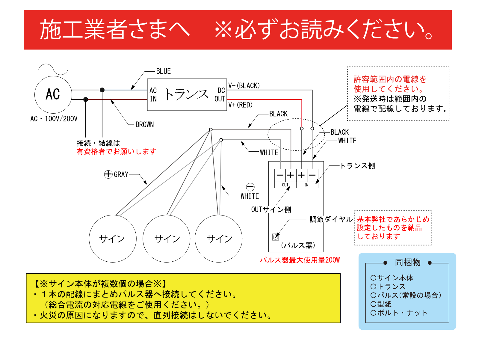 LEDサインの結線図 AC100Vからトランスで12Vに変圧しパルス機を経由してサインへ接続する配線図